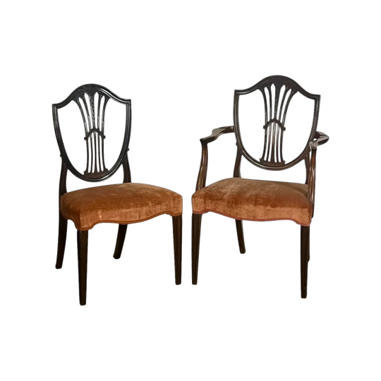 Antique English 19th Century Hepplewhite Mahogany Shield-Back Dining Chairs, Set of Eight