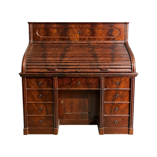 Biedermeier Flame Mahogany Roll-Top Desk, North German or Baltic, c. 1845