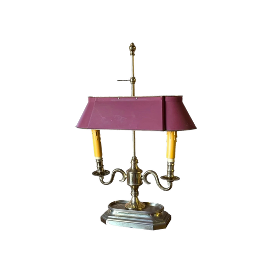 Vintage Bouillotte-Style Two-Light Table Lamp with Adjustable Burgundy Tole Shade and Scrolled Brass Arms