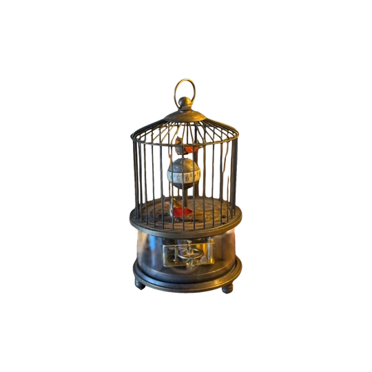 Vintage Mechanical Birdcage Automaton Clock with Rotating Sphere Dial and Flocked Birds