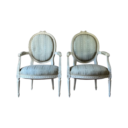 Pair of Antique French Louis XVI Painted Fauteuils with Oval Backs and Fluted Legs, Grey and Ivory Stripe Upholstery