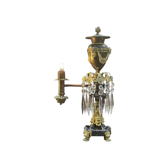 English Regency Argand Whale Oil Lamp, Patinated and Gilt Bronze with Cut Crystal Prisms, J. & I. Cox, c.1830
