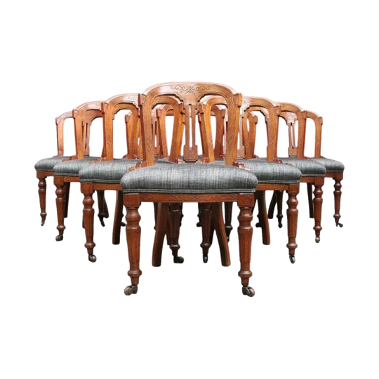 Set of 10 Antique English Oak Balloon-Back Dining Chairs with Shaped Cresting Rails, Circa 1890
