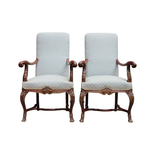 Pair of Antique French Carved Walnut Armchairs with Duck Egg Blue Upholstery, c.1910