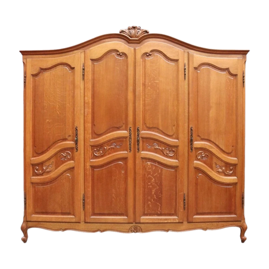 Antique French Oak Four-Door Armoire Wardrobe, c.1910, Camel-Back Pediment, Three Keys