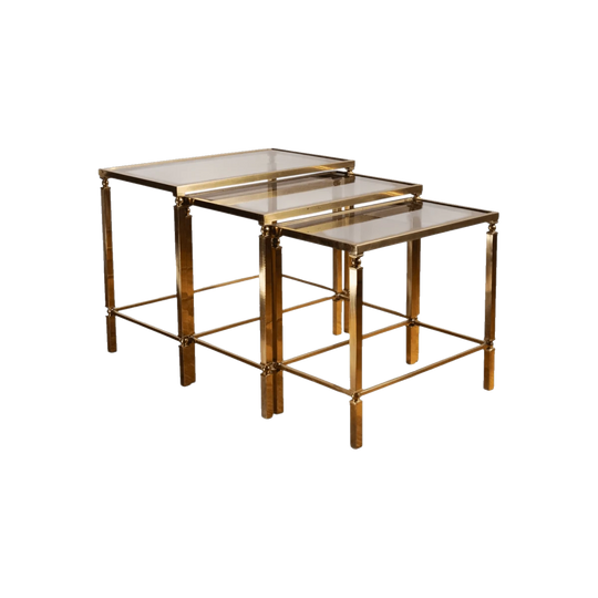1970s Italian Brass Nesting Tables with Smoked Glass Tops and Mirrored Edging