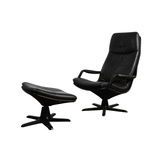 Berg C90 Easy Chair and Ottoman, Mid-20th Century Scandinavian, Refurbished in Black Leather