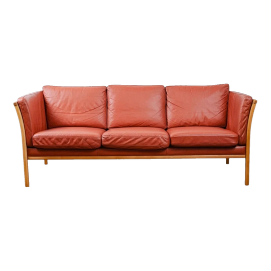 Danish Mid-Century Leather Sofa with Beech Timber Frame