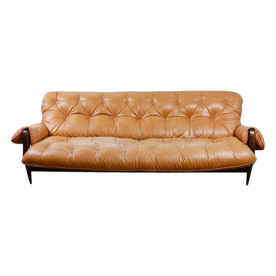 Jean Gillon Rodeio Sofa, Brazilian Modernist Sling Leather and Timber, 1960s–70s