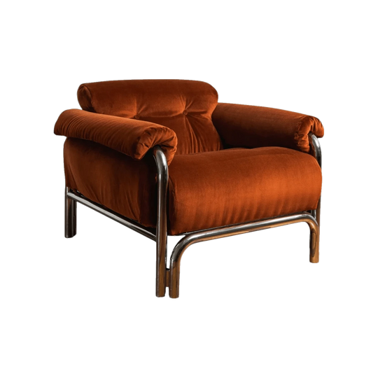 Italian Mid-Century Chrome and Orange Velvet Armchairs