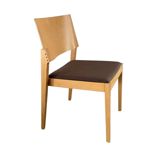 Set of 8 Anibou Oak Dining Chairs by Bross (Italian), Scandinavian-Inspired Split-Back with Brown Fabric Seats
