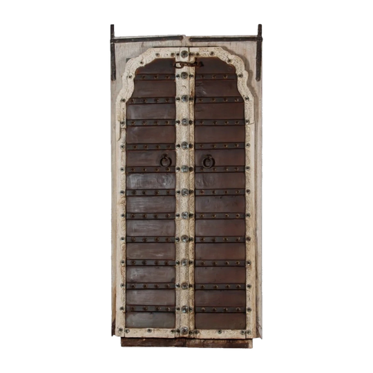 Vintage Indian Door, Brown/Raw, Wrought Iron Detailing – Eco Village Collection