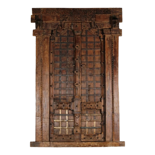 Vintage Indian Grand Door – Hand-Carved, Wrought Iron Detailing, Natural Brown – Eco Village Collection