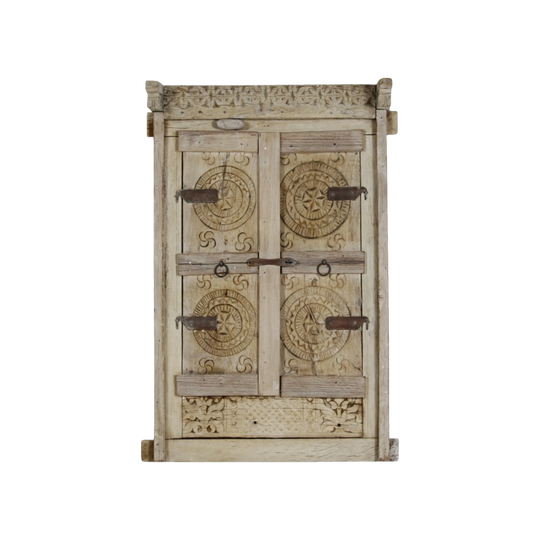 Vintage Indian Window Panel in Raw Wood with Ornate Carvings and Brass Hardware — Eco Village Collection