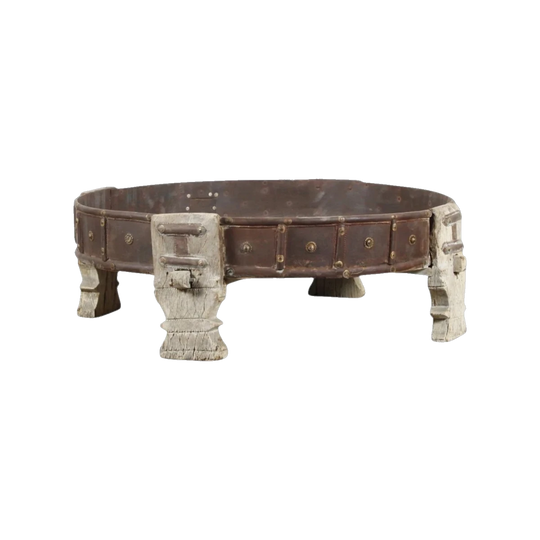 Vintage Indian Chakki Grinder Table / Coffee Table in Teak and Rustic Metal – Eco Village Collection