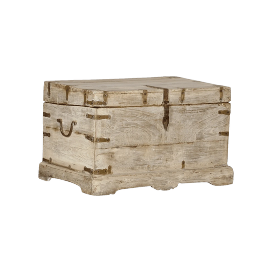Vintage Indian Storage Trunk Coffee Table in Sand-Tone Timber with Metal Detailing – Eco Village Collection