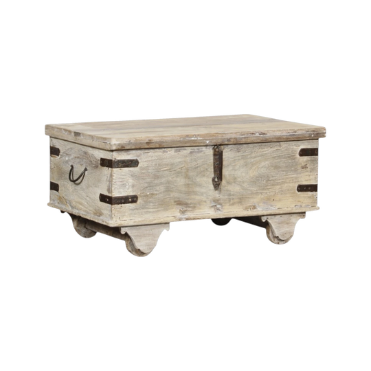 Vintage Indian Timber Storage Box on Wood Wheels with Metal Hardware – Eco Village Collection
