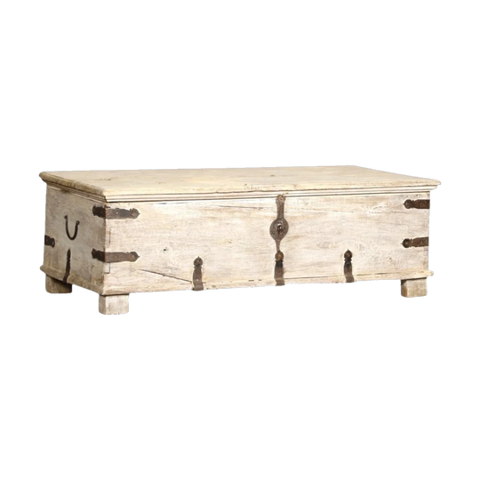 Vintage Indian Storage Trunk Coffee Table – Eco Village Collection, Sand-Toned Timber with Rustic Metal Detailing