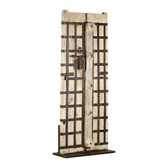 Vintage Indian Panel Door on Stand with Wrought-Iron Stud Detailing – Eco Village Collection