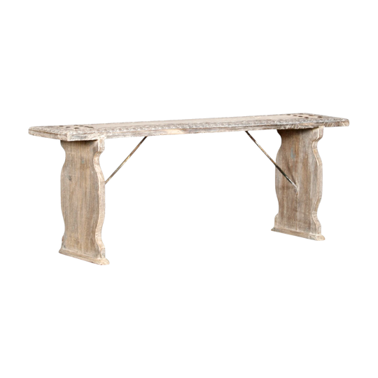 Vintage Indian Repurposed Door Bench with Baluster Legs – Hand-Carved Timber with Metal Studs, Eco Village Collection