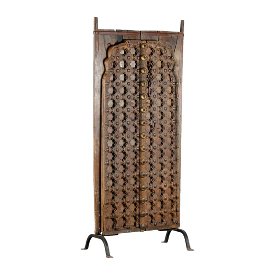 Vintage Indian Panel Door on Metal Stand, Eco Village Collection – Walnut Colour with Metal and Brass Studs