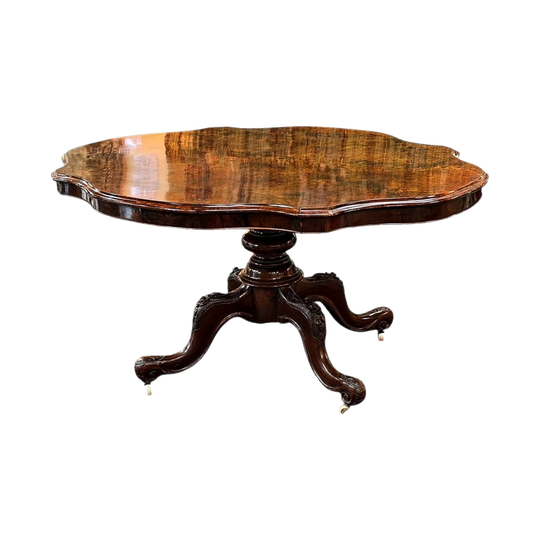 English Victorian Burr Walnut Violin-Shaped Tilt-Top Loo Table, c.1860