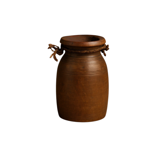 Vintage Indian Wooden Pot – Eco Village Collection, Dark Wood with Rope Detailing, 17 cm