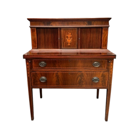 Antique Edwardian Sheraton-Style Ladies Bureau in Figured Mahogany with Tambour Doors and Satinwood Urn Inlay, 1920s