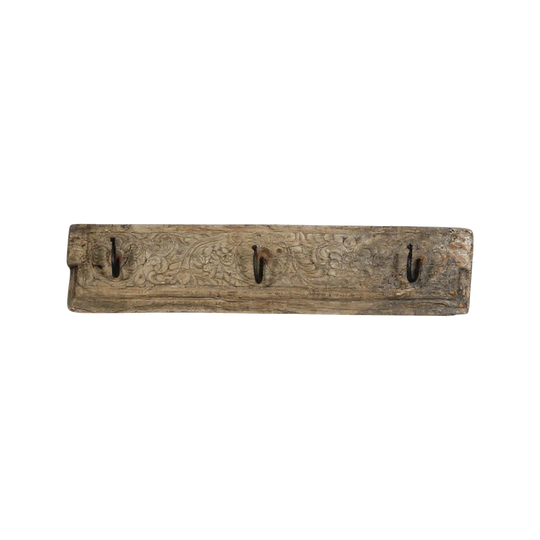 Vintage Indian Hand-Carved Hook Holder with 3 Metal Hooks, Natural Finish