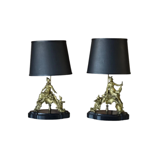 Pair of Early 20th-Century French Cast Bronze Figural Table Lamps, Pierrot and Columbine