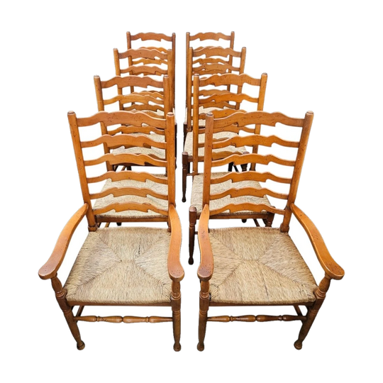 Vintage Set of 8 Beech Ladderback Rush-Seated Dining Chairs – 2 Carvers and 6 Side Chairs