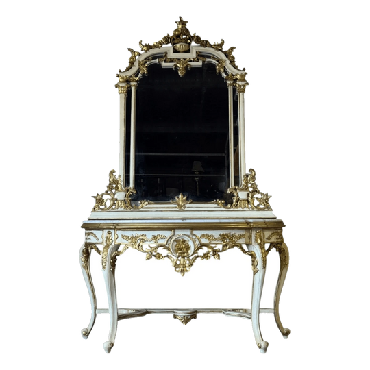 Vintage French Louis XV Revival Hand-Carved Console Table and Mirror, Cream and Gilt with Carrara Marble Top