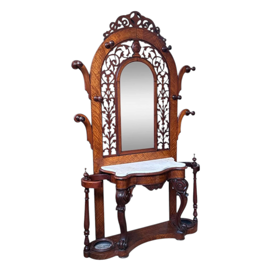 English mahogany arch top hall stand with fretwork and serpentine marble top c.1860