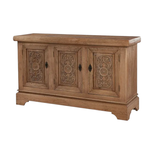 Rustic Solid Wood 3-Door Credenza with Ornate Carvings