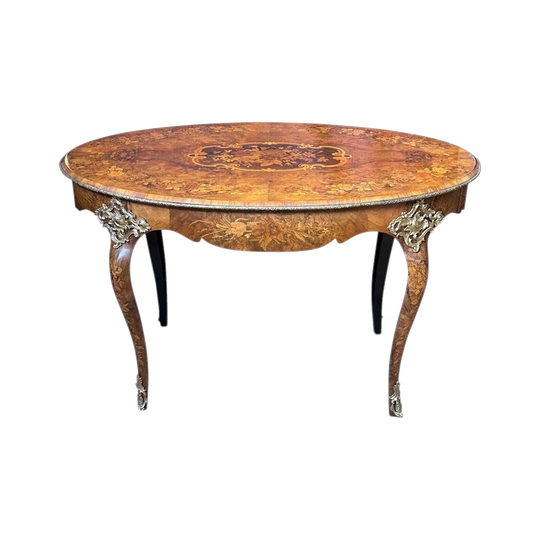 Fine quality French burr walnut oval centre table with marquetry inlays and ormolu mounts c.1870