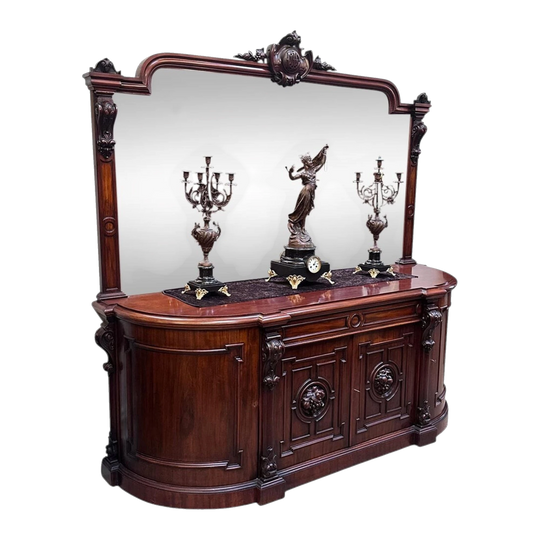 Grand English mahogany 4 door sideboard with ornate carvings and mirrored back c.1860