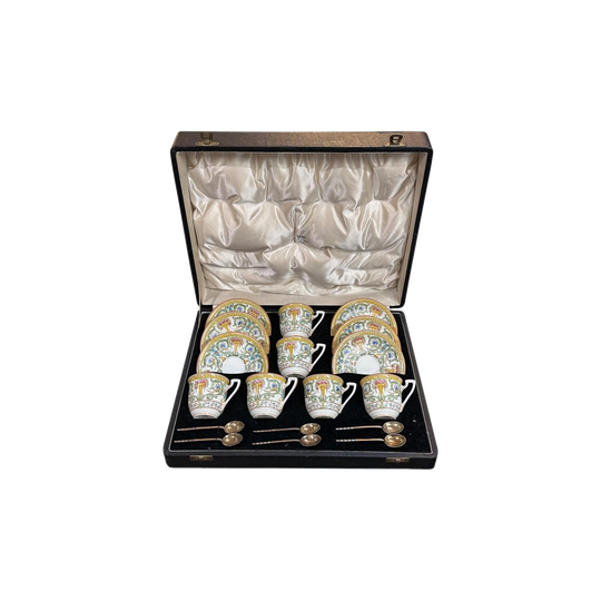 Boxed Royal Worcester set 6 coffee cups and saucers with sterling silver spoons c.1937