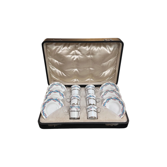 Boxed set 6 Coalport demitasse cups and saucers by Joseph Rodgers Sheffield c.1907