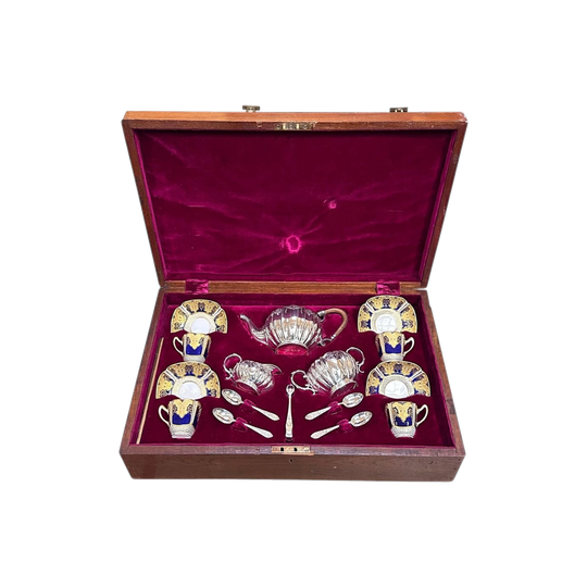 Outstanding boxed English sterling silver tea service by Elkington & co with Copeland coffee set c.1897