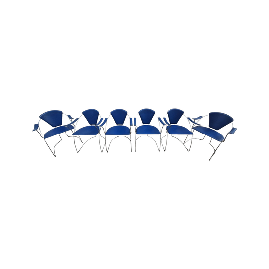 Set of 6 Sculptural Postmodern Chrome Dining Chairs in Cobalt Blue