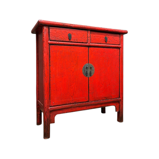 Antique Chinese Red Lacquered Cabinet, 2 Drawer
