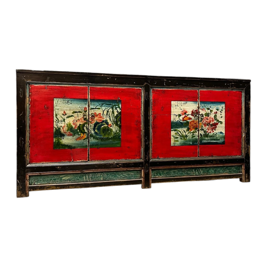 Antique Chinese Sideboard, Original Painted Finish, Floral & Lotus Panels