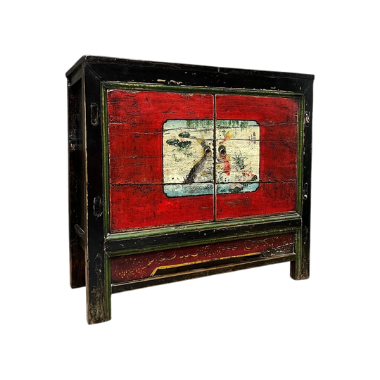 Antique Chinese Cabinet, Original Painted Finish, Koi & Floral Panel