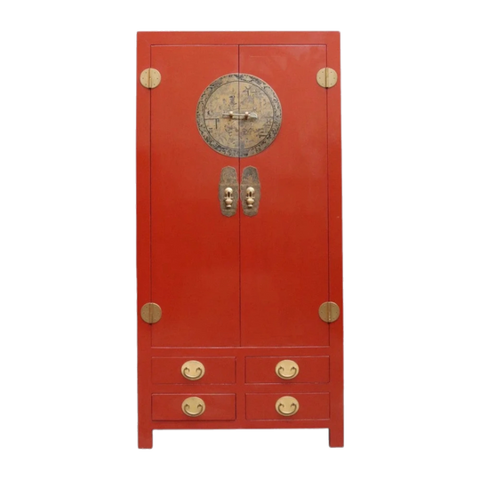 Vintage Chinese Style Red Lacquer Wedding Cabinet with Brass Medallion