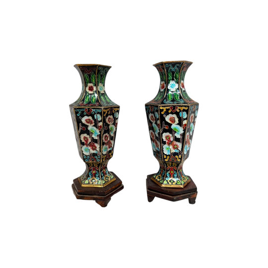 Pair of Enamel Decorated Cloisonne Vases on Stands