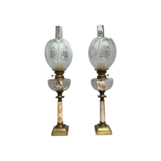 Pair of French Parisian Empire Style Oil Lamps Brass & Onyx