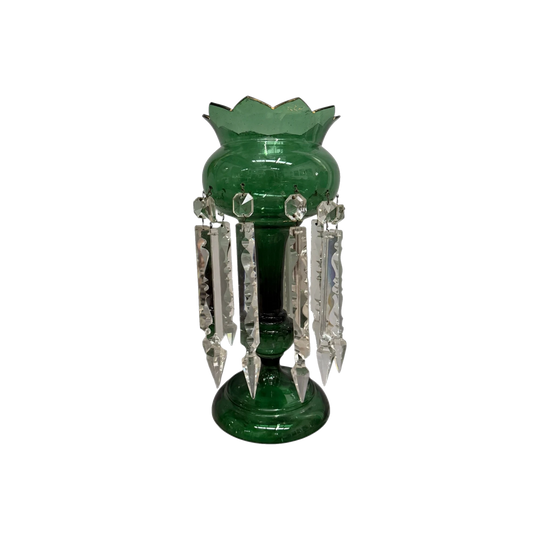 Victorian Green Glass & Crystal Drops Lustre Vase