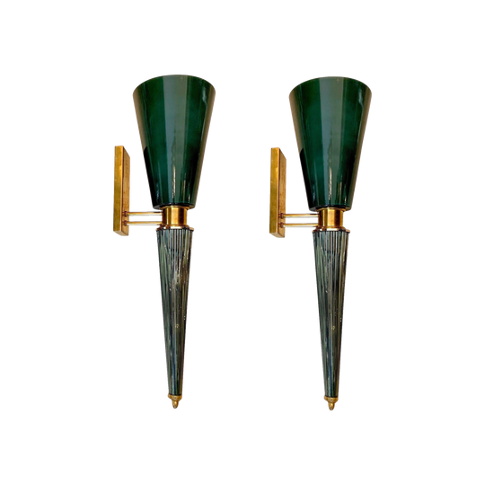 Pair of Blue Art Deco Conical Murano Wall Sconces, Brass Fittings, 1940s