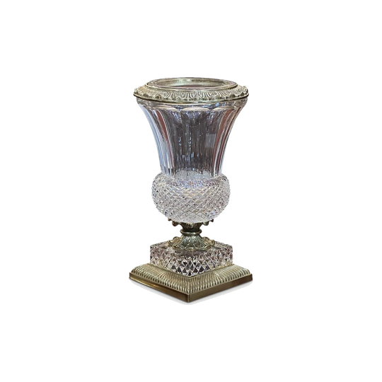 Edwardian cut crystal trumpet vase with ornate gilt bronze mounts