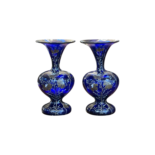 Pr Edwardian glass handpainted cobalt vases c.1920